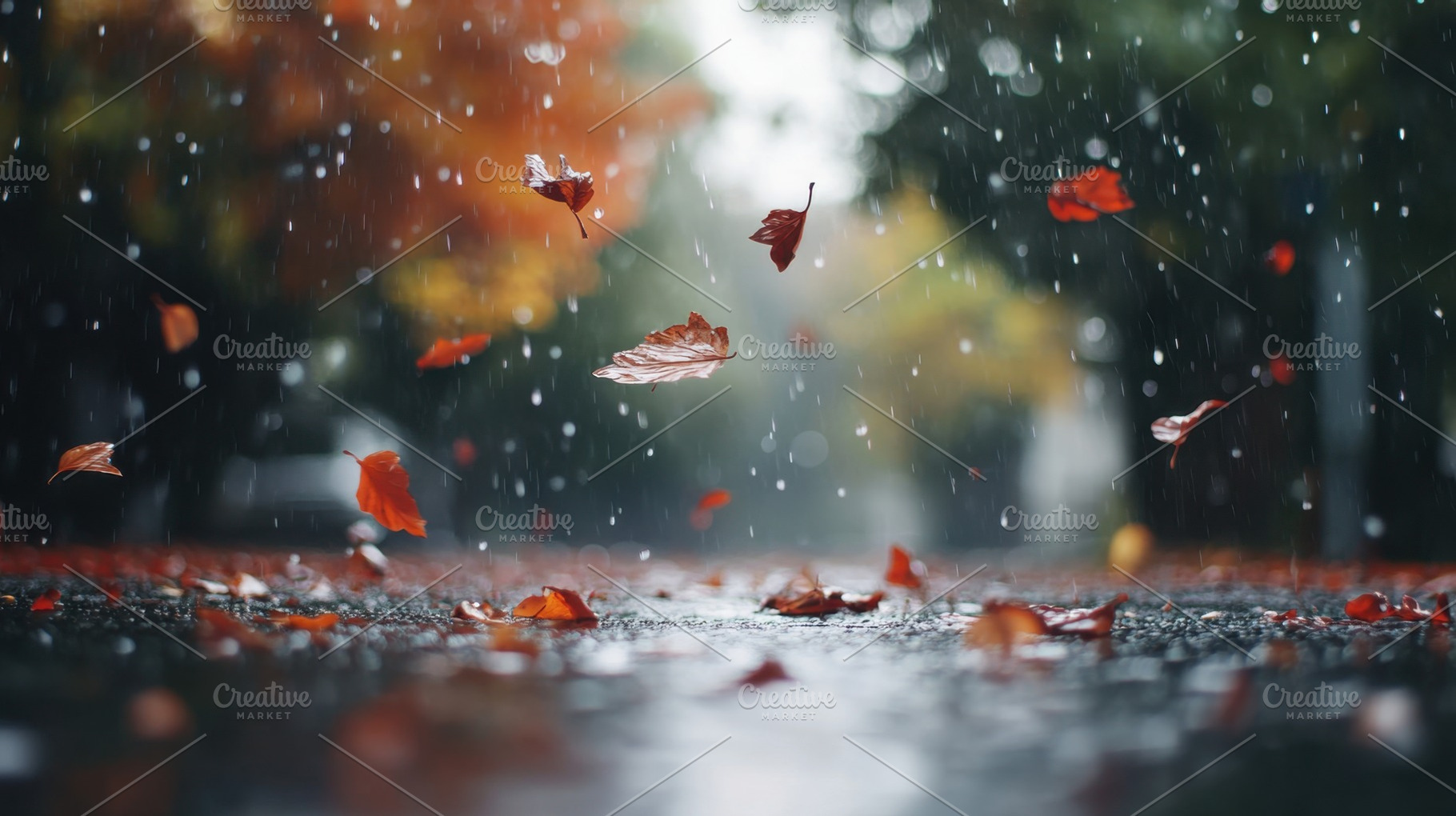 Falling leaves and rain on a street, a Photo by Beautiful things