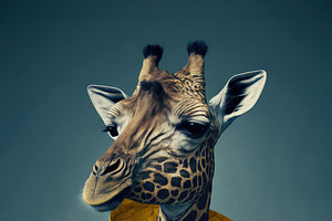 Funny Giraffe With Casual Clothes. A Tall Animal Wearing A Yello