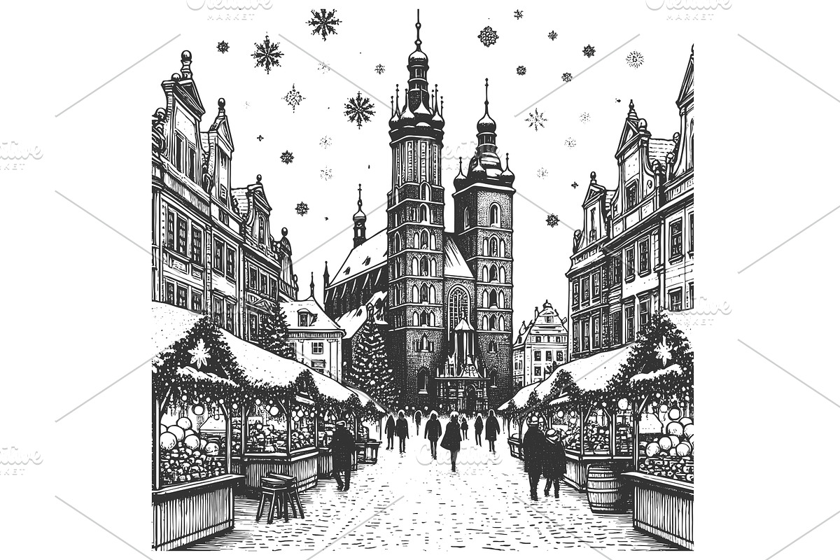 Christmas market in snowy old town, an Illustration by AlexArt