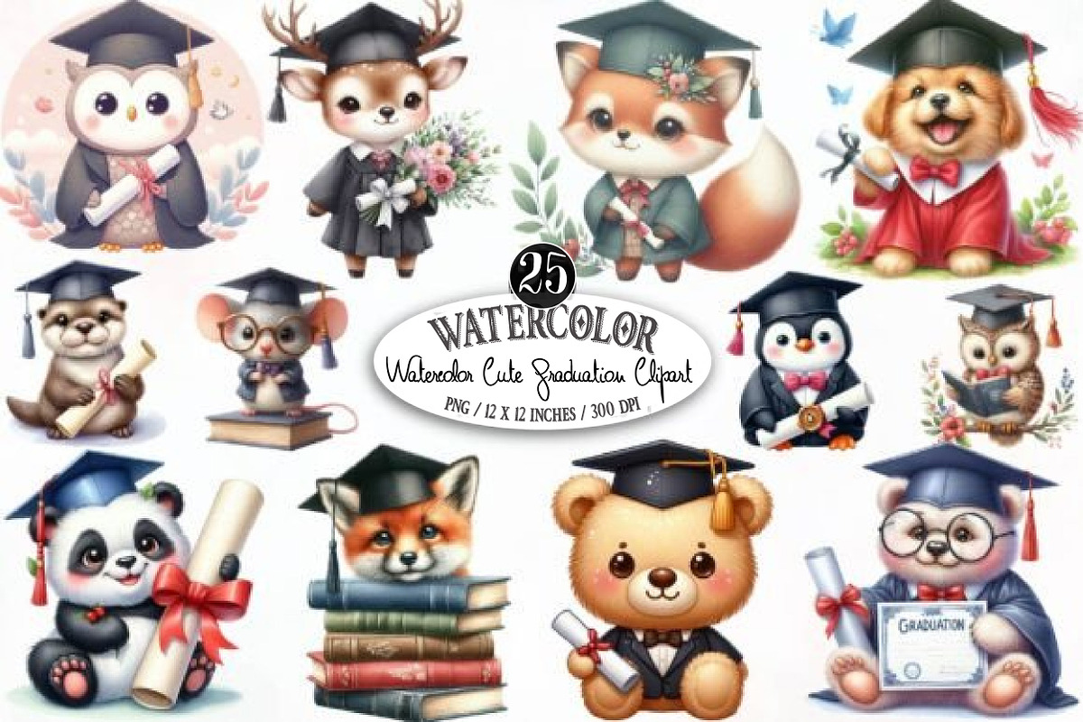 Watercolor Cute Graduation Clipart P, an Illustration by Designking (Photo 1 of 3)