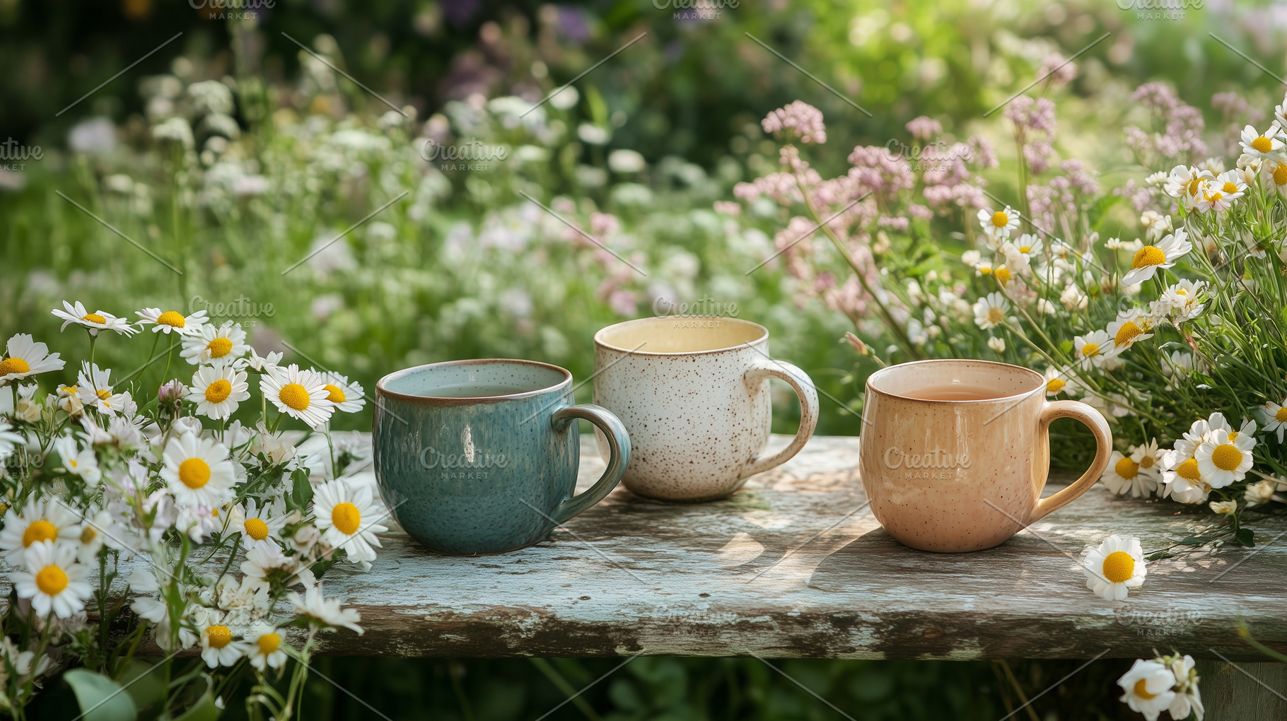 Three rustic ceramic mugs with tea, a Food & Drink Photo by MistyDay