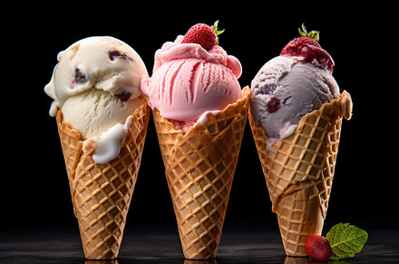 Ice cream in waffles on black background. Generative AI, a Food & Drink Photo by AlyaAnd