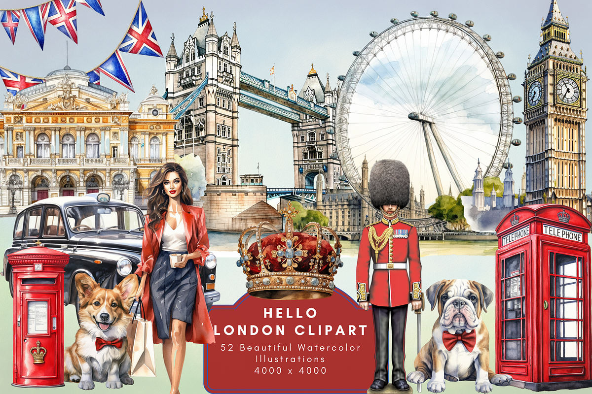 Hello London Watercolor Clipart, an Illustration by NadiaTheronArt (Photo 1 of 5)