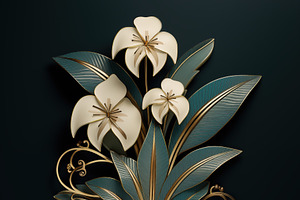 A Stylized Floral Arrangement Featuring Three Elegant White Art Deco Orchids Wi