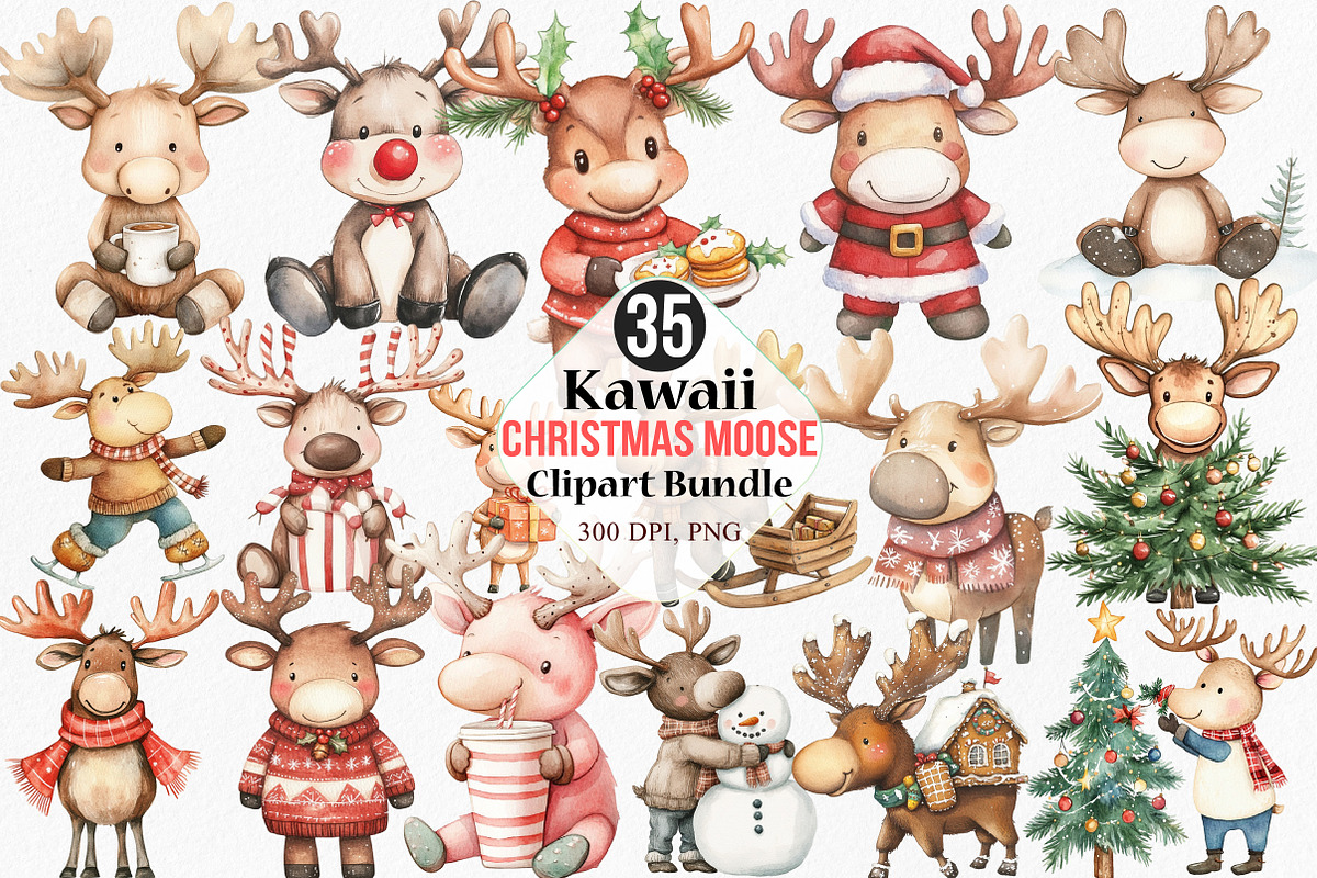 Kawaii Christmas Moose Clipart, an Illustration by Canvas Craft (Photo 1 of 7)