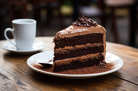 Piece of chocolate cake on plate on brown wooden table, a Photo by AlyaAnd