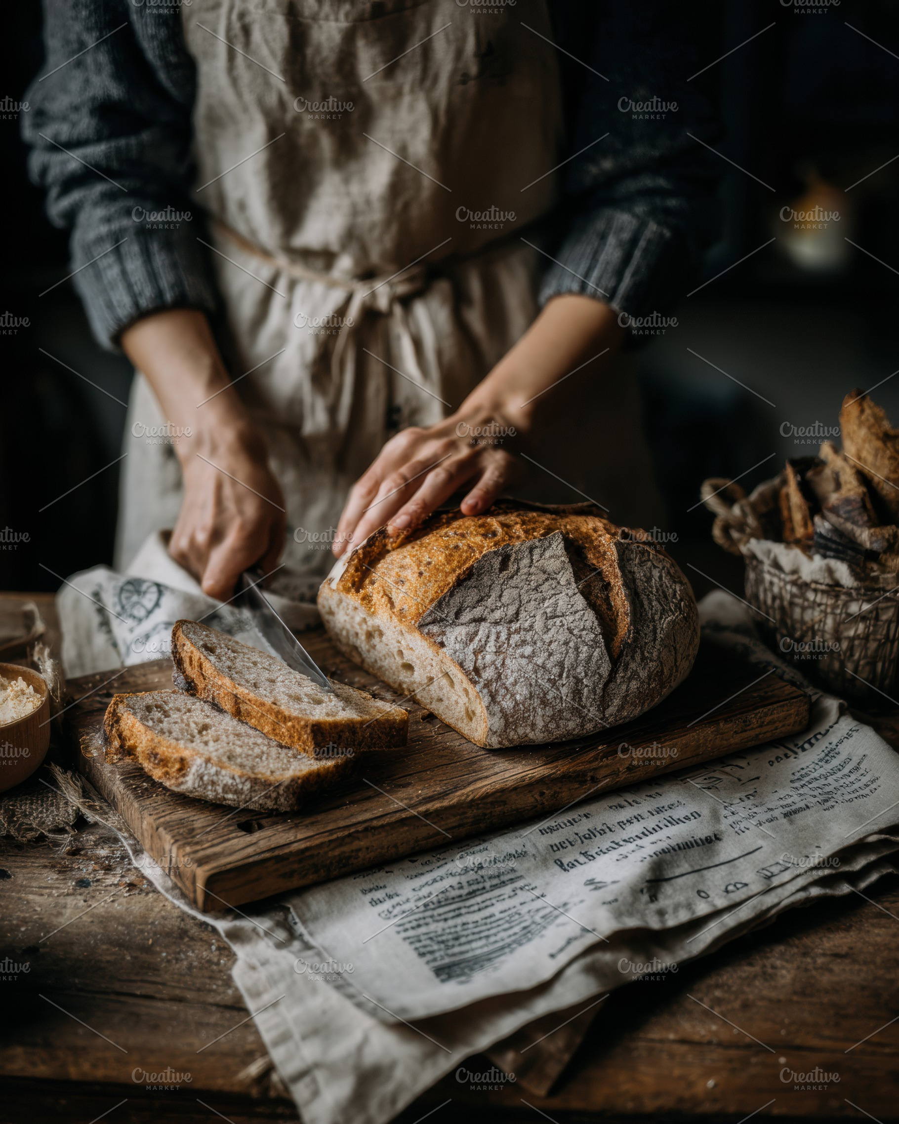 Woman slicing sourdough bread, a Person Photo by Virgo Studio