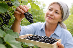 Woman harvesting black currant berri, a Photo by Dvoevnore photos