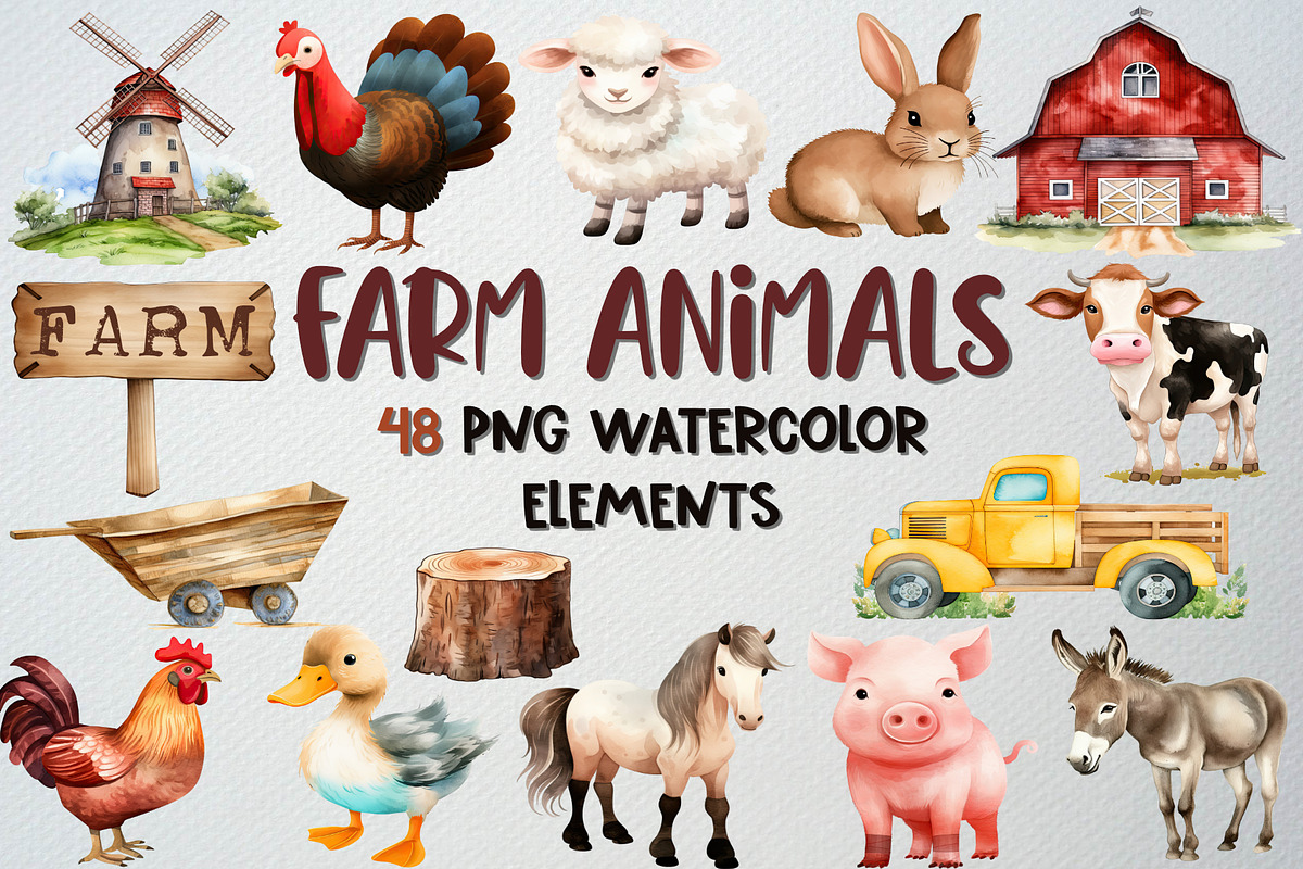 Watercolor Farm Animals Clipart Set