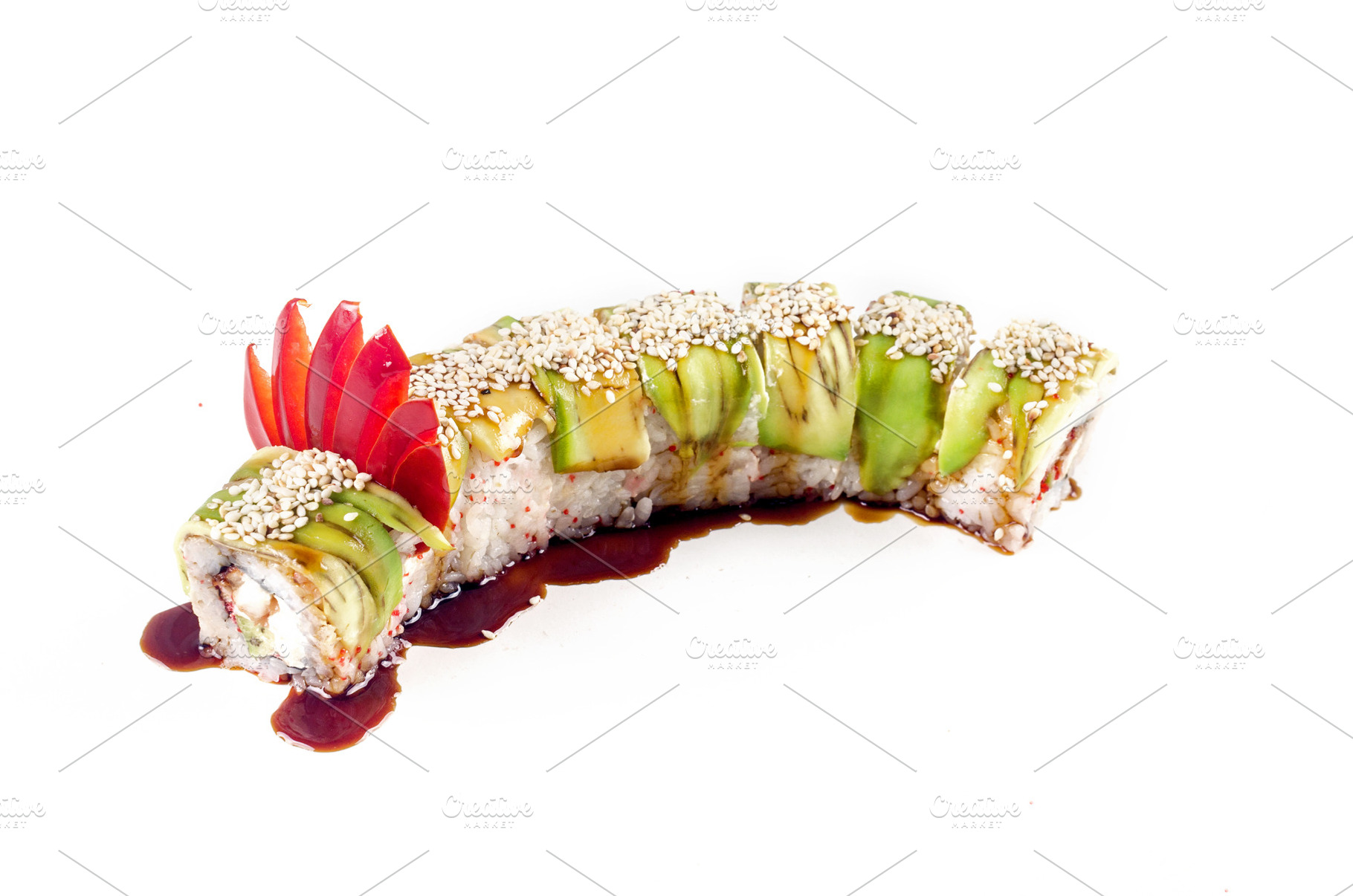 dragon sushi rolls on the white background, a Food & Drink Photo by vimart