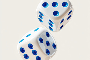 White dice with blue dots float mid-air, captured in a minimalistic setting wit, an Abstract Photo by AlyaAnd