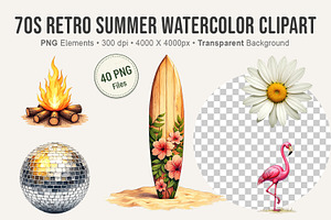 70s Retro Summer Watercolor Clipart, an Illustration by Artnoy