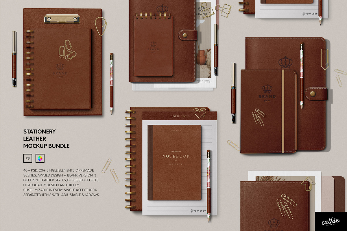 Leather Stationery Mockup Bundle, a Pens & Pencil Mockup by Catkie - Digital Art (Photo 1 of 29)