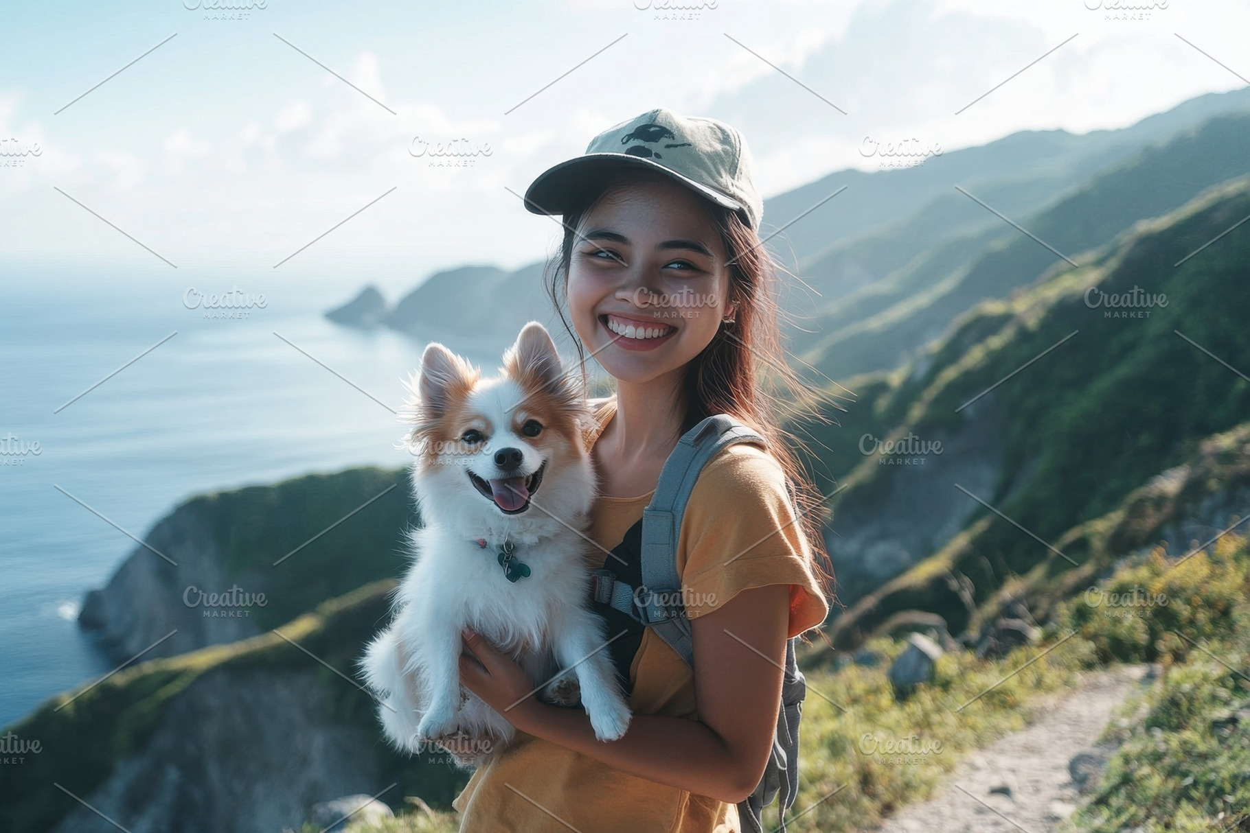 Happy American tourist with her dog, a Photo by Pavel_design