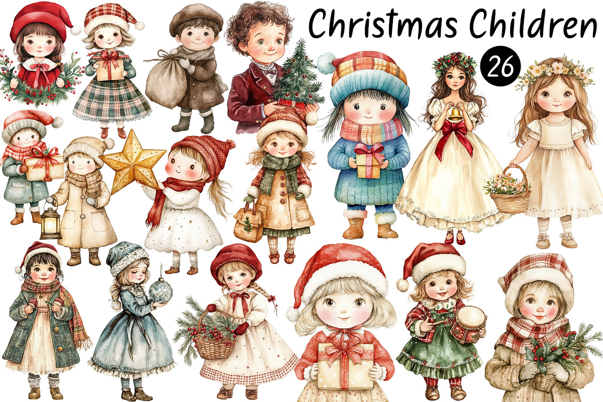 Vintage Christmas Children Clipart, a Seasonal Illustration by CitraGraphics (Photo 1 of 7)