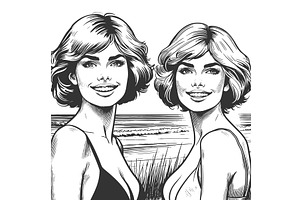 Smiling twin women in vintage beach, a Person Illustration by AlexArt