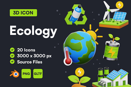 20 Ecology 3D Icon Set, an Environmental 3D Model by Bilicube Studio
