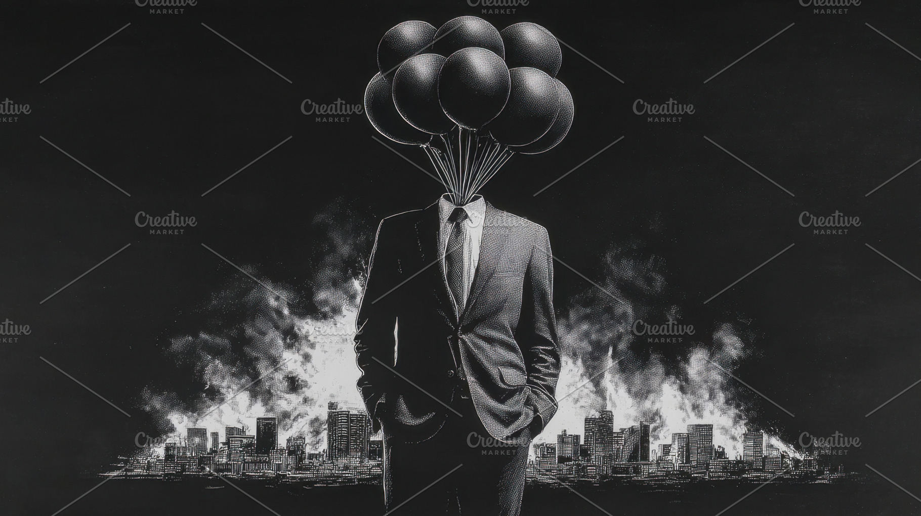 Suit man, black balloons city, a Photo by Beautiful things