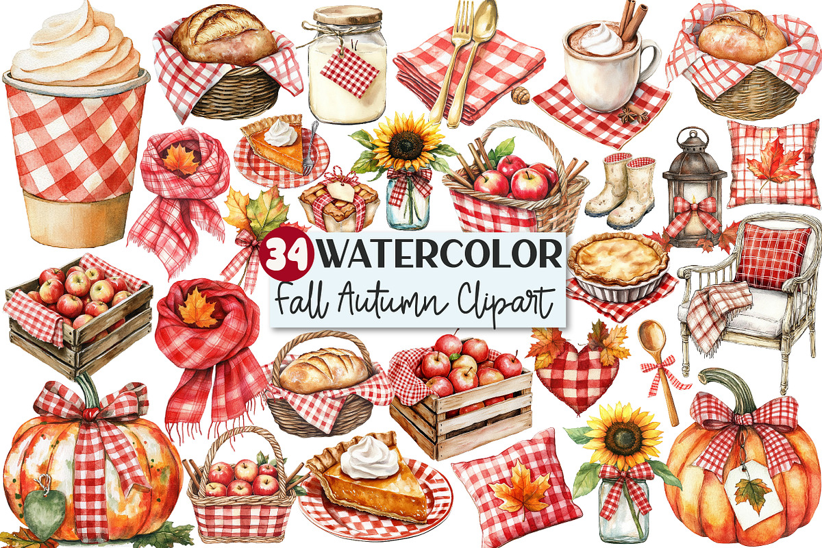 Red Gingham Fall Autumn Clipart, an Illustration by Rose Art (Photo 1 of 7)