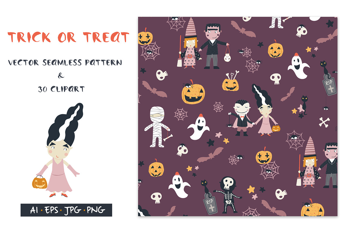 Halloween purple kids vector pattern, an Icon by Marta Munte Designs