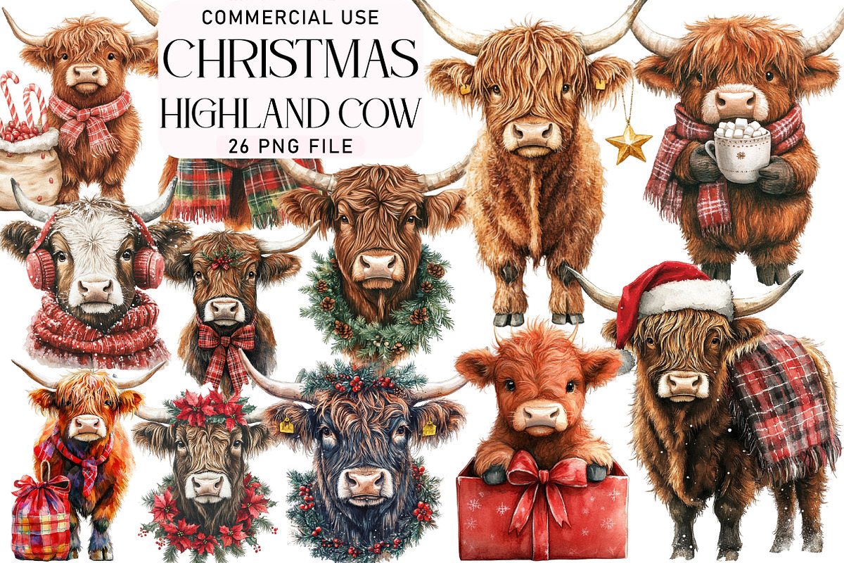 Christmas Highland Cow Clipart, an Illustration by Daily.Designs (Photo 1 of 5)