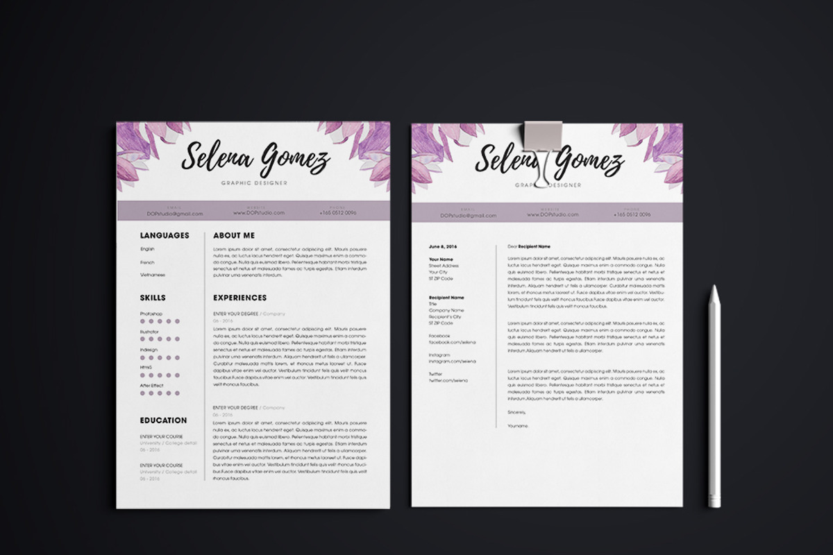 Purple Floral Cv template, a Resume Template by Emaholic Template (Photo 2 of 4)