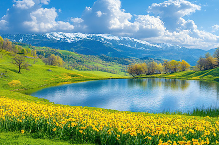 Spring meadow landscape near the lake, a Nature Photo by AlyaAnd