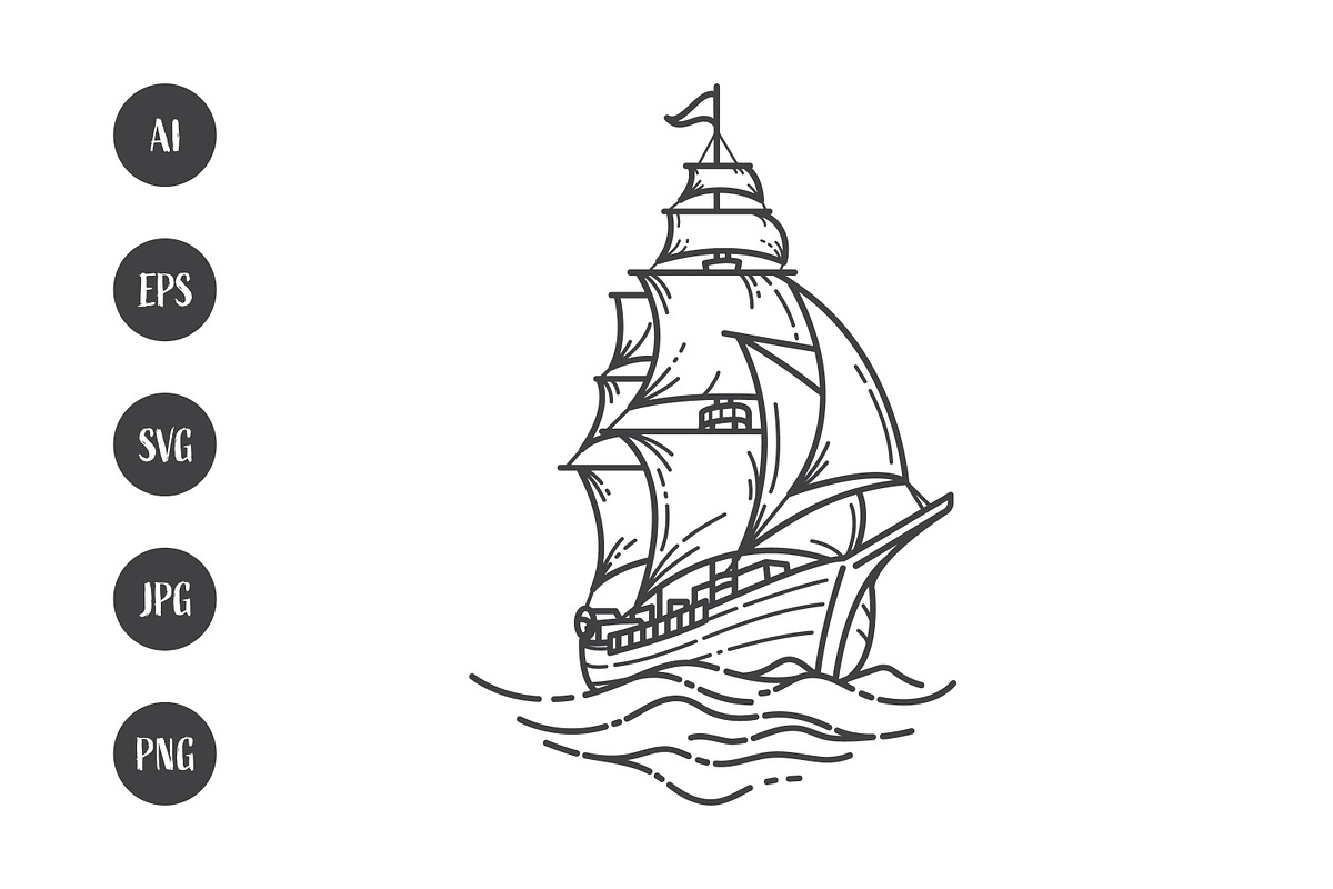 Line art of sailing ship at sea, a Transportation Illustration by Saba Vector