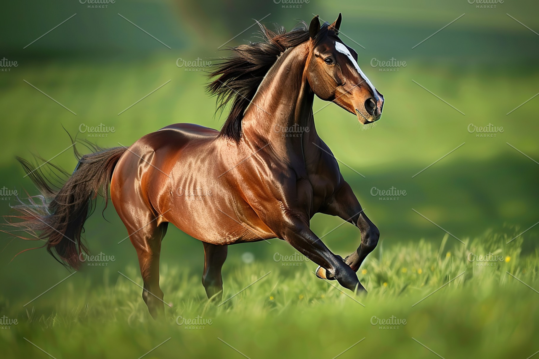 Brown horse run gallop on green field, an Animal Photo by AlyaAnd