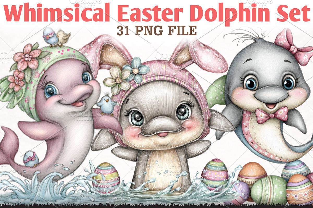 Whimsical Easter Dolphin Clipart Set, an Animal Illustration by RobertsArt (Photo 1 of 6)