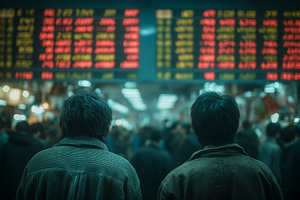 Two investors watching electronic stock market board in Japan amid crowded trad, a Photo by AS photostudio
