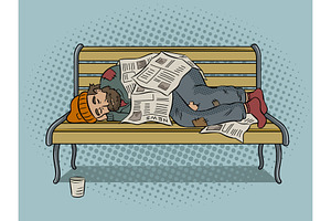Homeless man on bench pop art vector, a Decorative Illustration by AlexArt