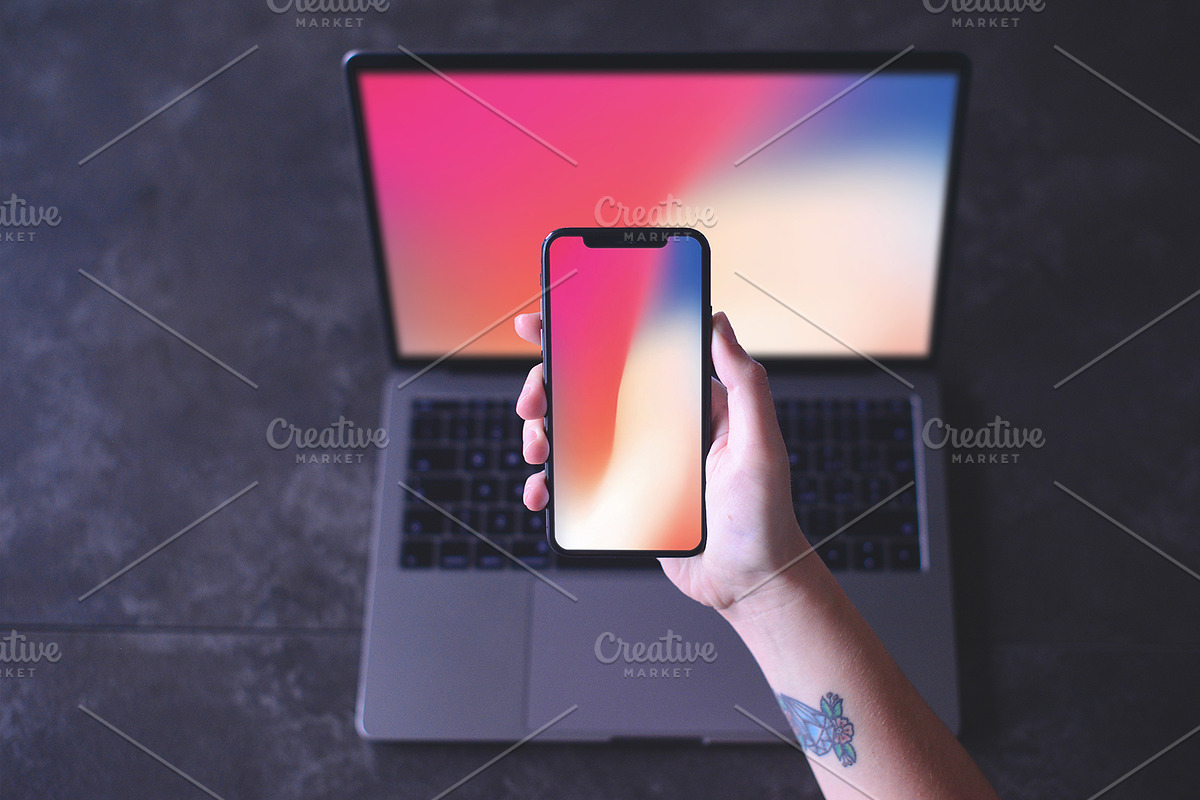 iPhone X and MacBook Mockup, an iPhone Mockup by mwsart (Photo 1 of 2)