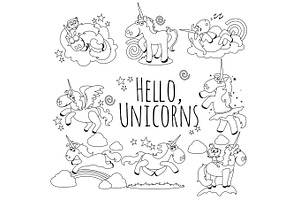 Cute Unicorn Isolated Line Icon Set, Magic Pegasus Flying With Wing And Horn On Rainbow, Fantasy Horse Vector Illustration, Myth Creature Dreaming On 