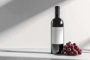 Blank label wine bottle displayed alongside fresh grapes on a table with soft l, a Food & Drink Photo by AlyaAnd