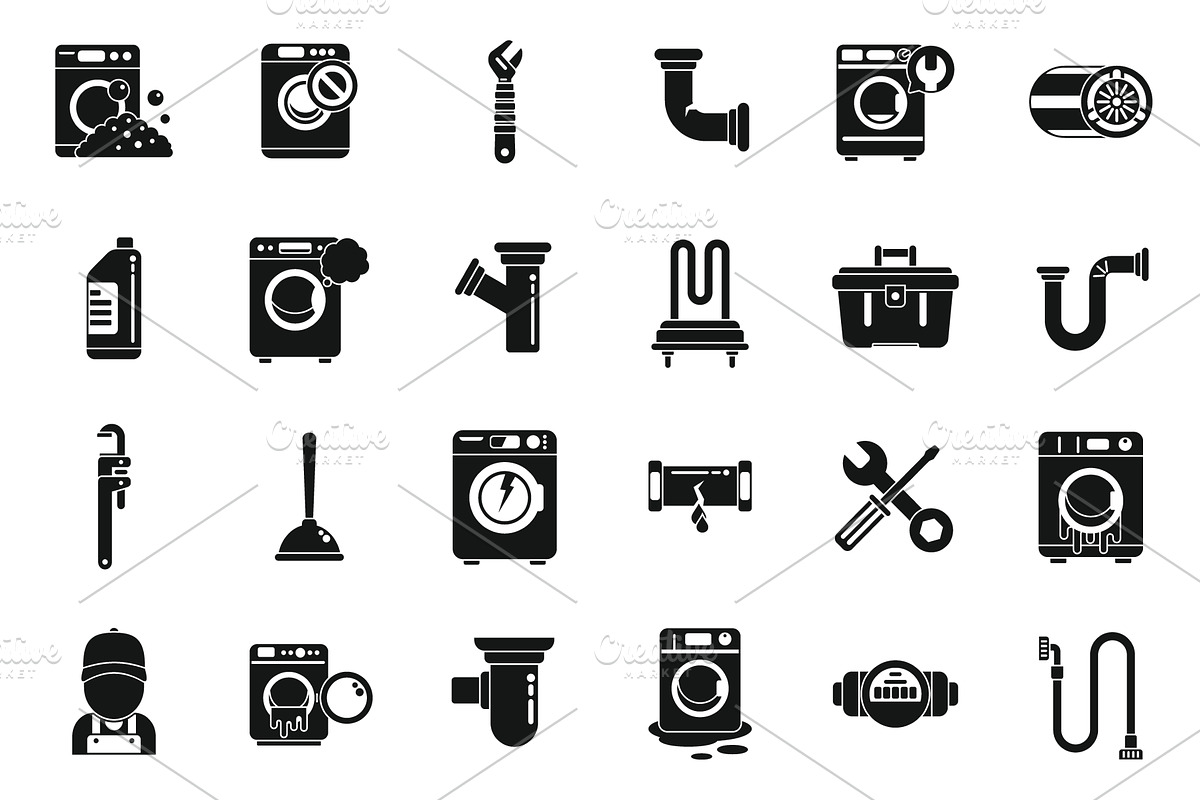 Washing machine repair icons set, a Person Illustration by Ylivdesign