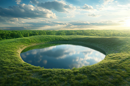 Green landscape with a circular pond, a Photo by Tanuart