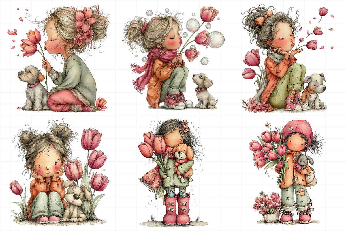 Whimsical Girl with Tulips and Puppy, an Illustration by Daily.Designs (Photo 3 of 8)