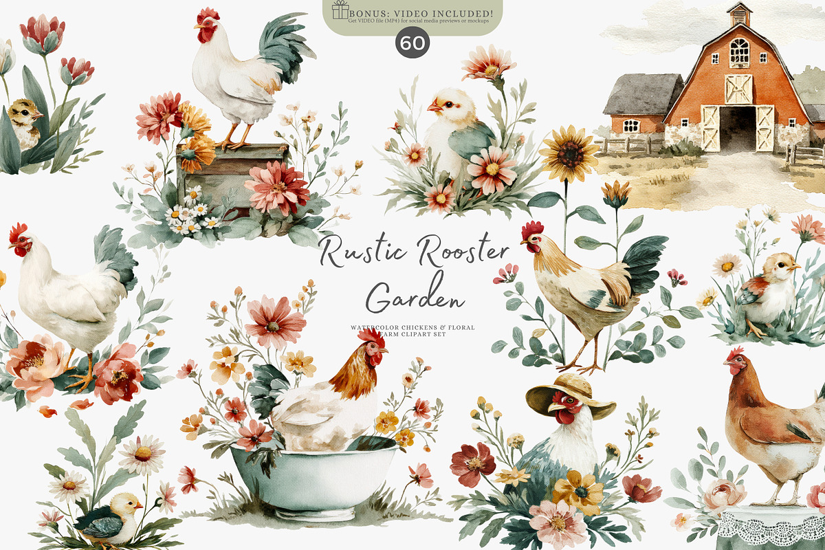 Rustic rooster and chicken watercolo, a Decorative Illustration by Patishop Art (Photo 1 of 8)
