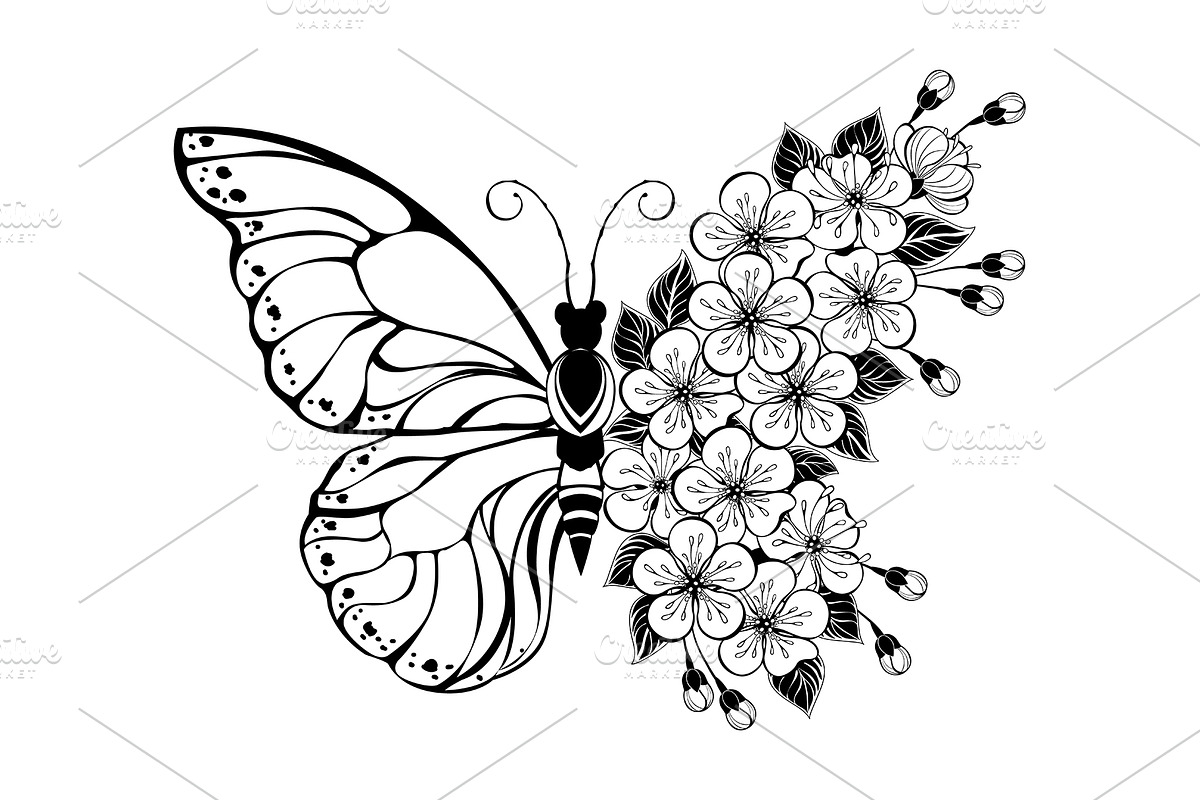 Flower Butterfly with Sakura, an Illustration by blackmoon9