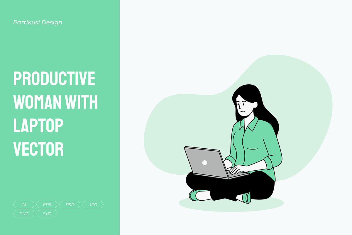 Productive Woman with Laptop Vector, a Work Illustration by Partikusi Design (Photo 1 of 3)