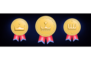 Gold medal award icons, red ribbon, an Object Illustration by art PVP - market