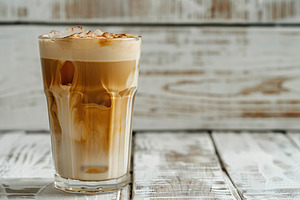 Glass of iced coffee on wooden table, a Food & Drink Photo by AlyaAnd
