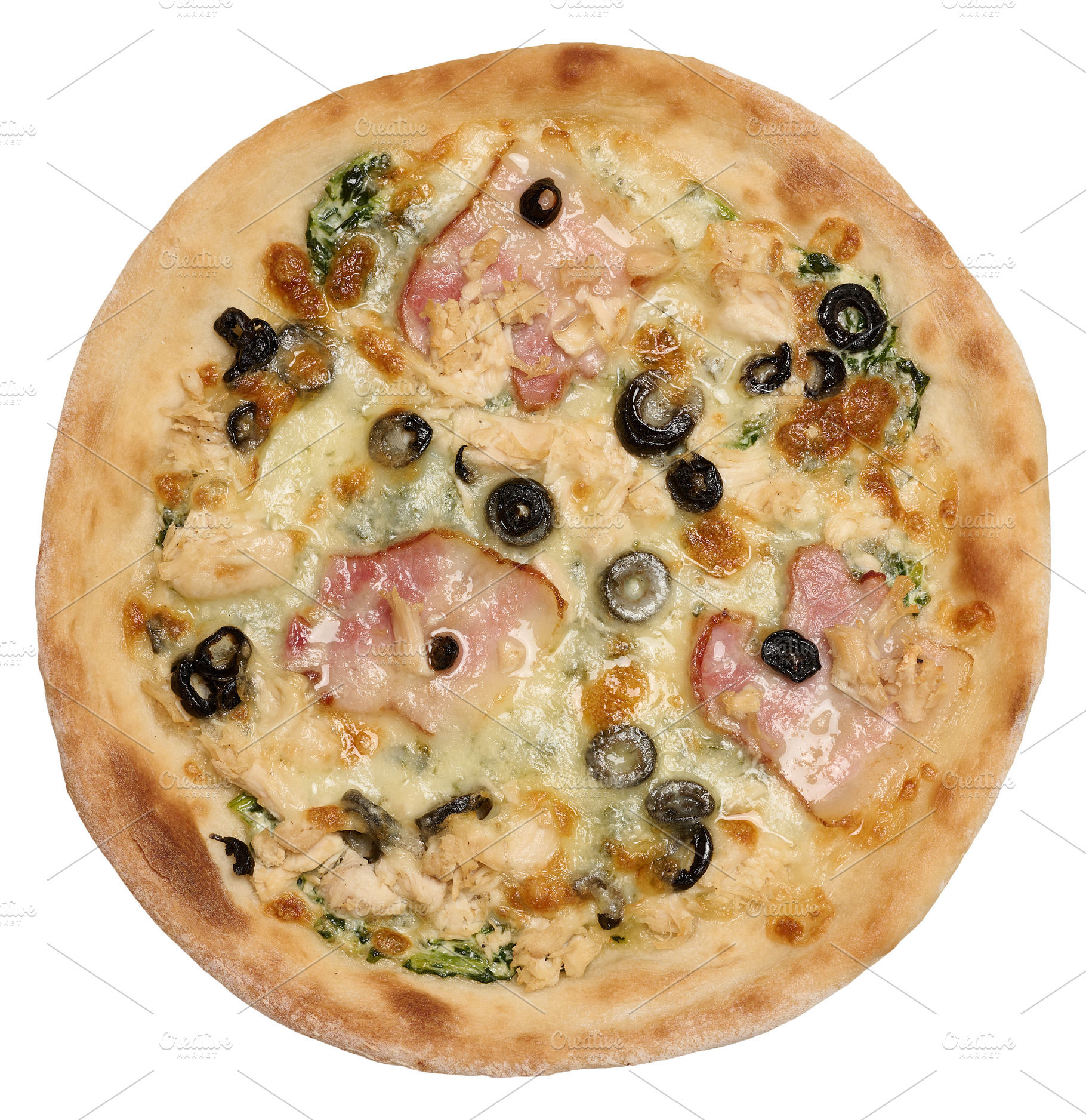 Round pizza with bacon, chicken, olives and cheese, a Food & Drink Photo by ndanko