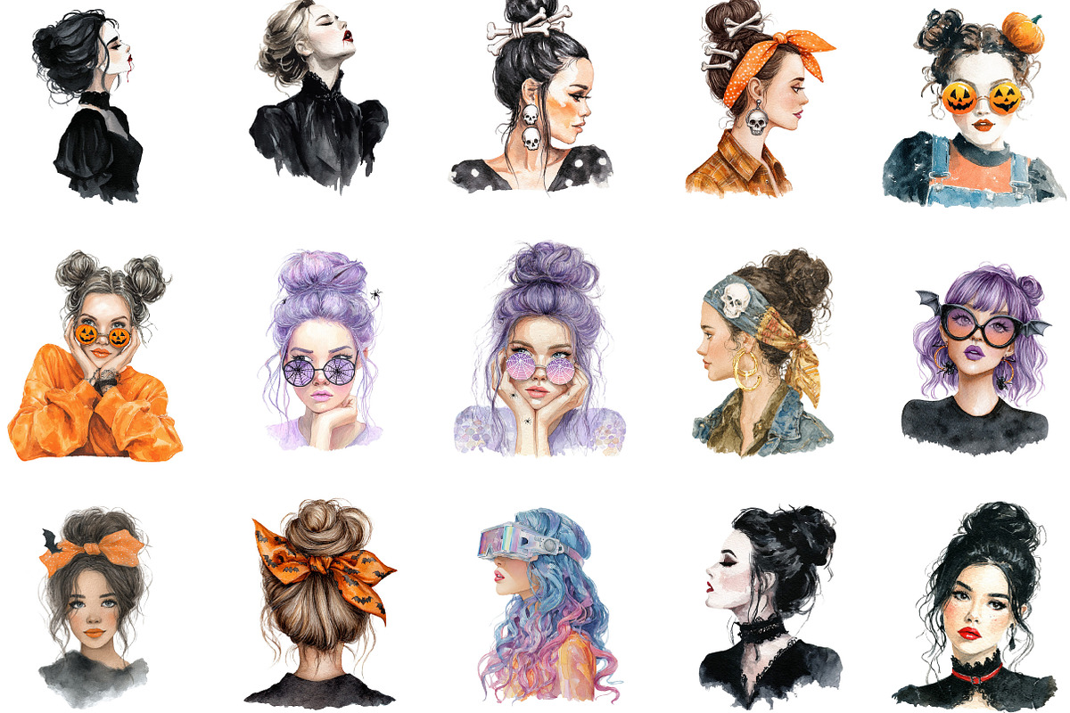 Halloween Messy Bun Watercolor PNG, an Illustration by Designking (Photo 3 of 5)