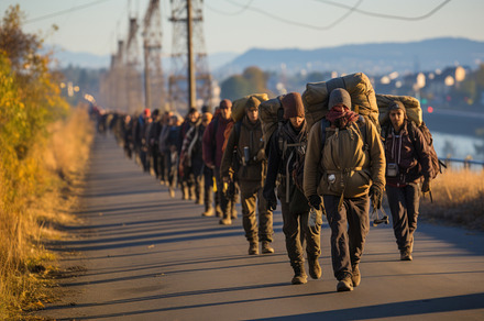 Group of iranian refugees people walking on the road in the autu, a Photo by AS photostudio