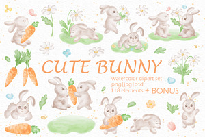 Cute bunny watercolor clipart set