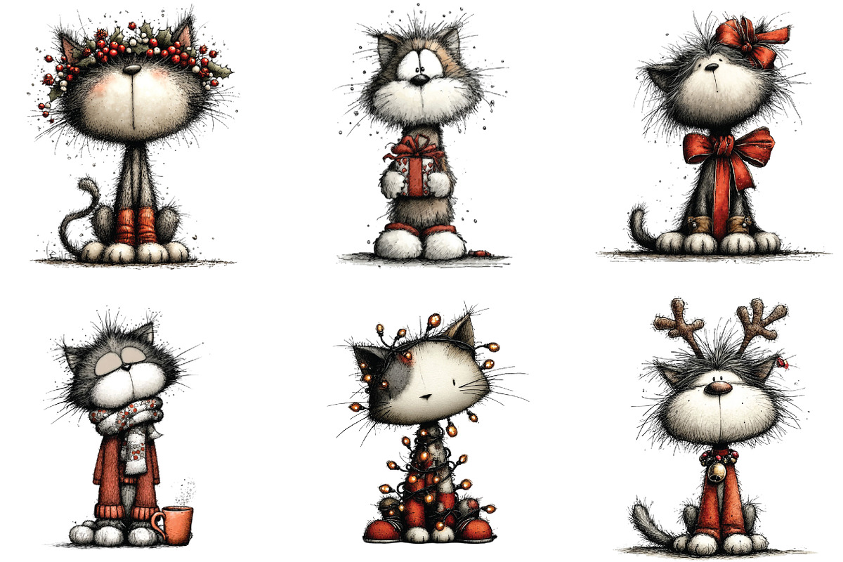 Whimsical Cats Christmas Clipart, an Illustration by CraftArtStudio (Photo 3 of 6)