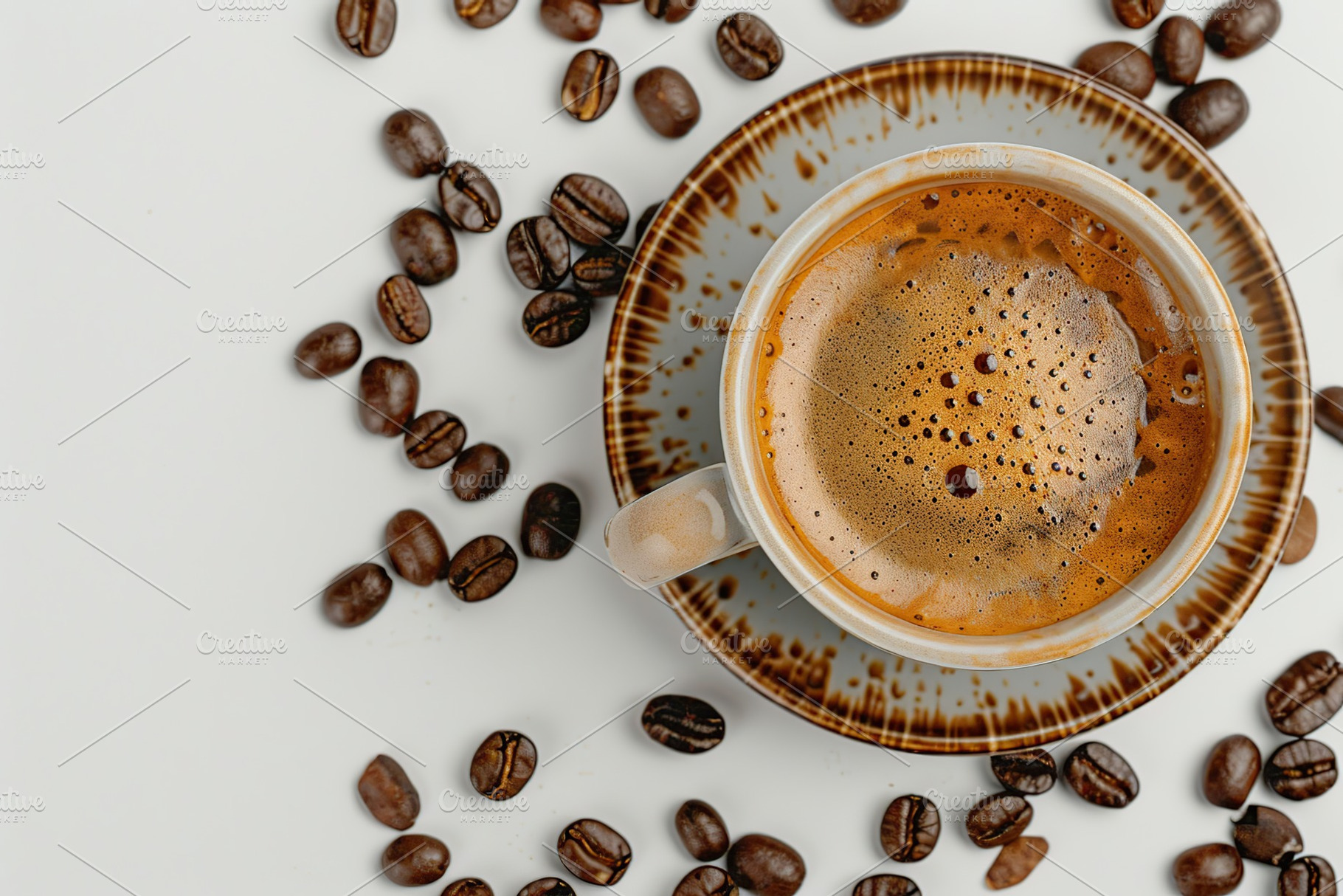 Flat lay of cup of coffee and coffee beans on white background, a Food & Drink Photo by AlyaAnd