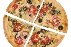 Round pizza cut into four pieces with tomato, olive, chicken, ba, a Food & Drink Photo by ndanko